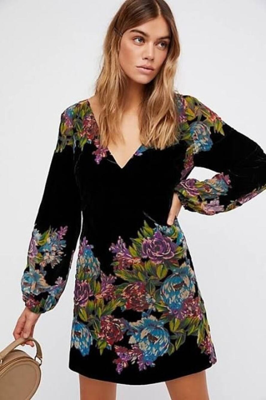 New FREE PEOPLE Misha Burnout Velvet Floral Mini Dress $128 SMALL Black
